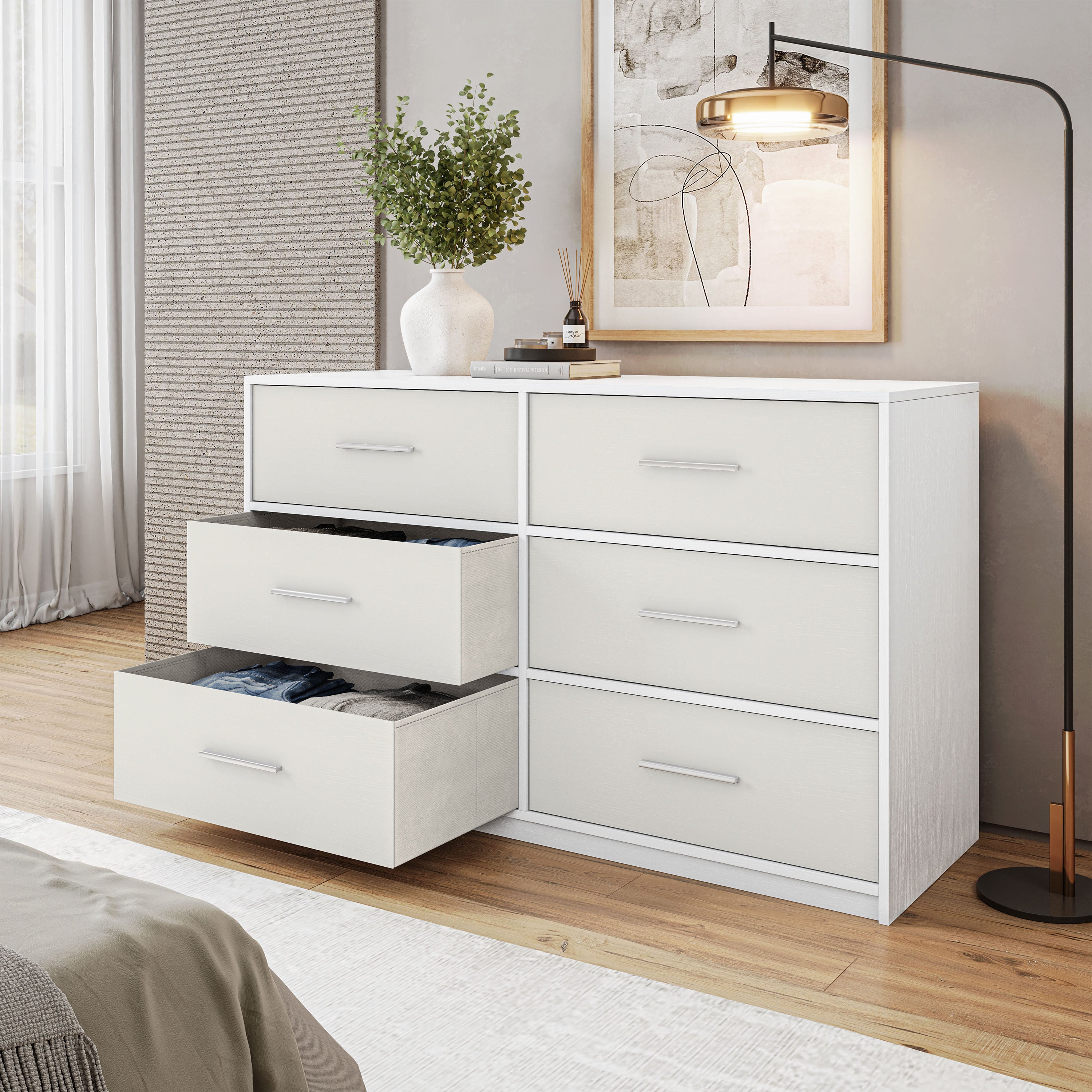6-Drawer Dresser with Large Fabric Drawers, White