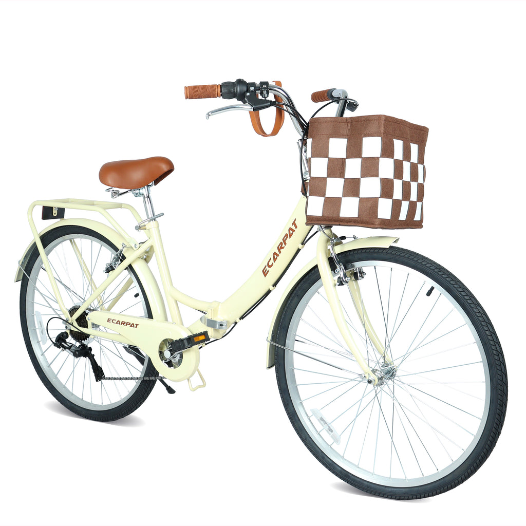 A26285B 26 Inch Folding City Bike with 7 Speeds & Commuter-Ready Accessories Detachable Basket & Cup Holder, Steel Frame, Alloy Rims, V-Brakes Comfortable Ride for Urban Men & Women, Multiple Colors
