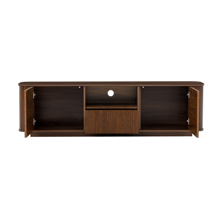 70-inch Modern TV Stand for TVs up to 80 inches, Dark Brown Woodgrain Finish with Ample Storage, Curved Corners, MDF Construction, 70.9'' L x 15.6'' W x 19.9'' H