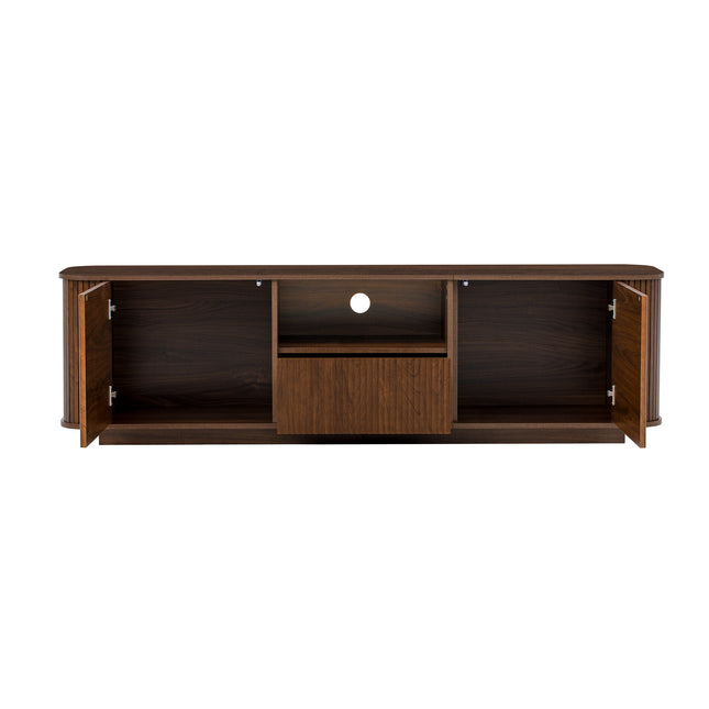 70-inch Modern TV Stand for TVs up to 80 inches, Dark Brown Woodgrain Finish with Ample Storage, Curved Corners, MDF Construction, 70.9'' L x 15.6'' W x 19.9'' H