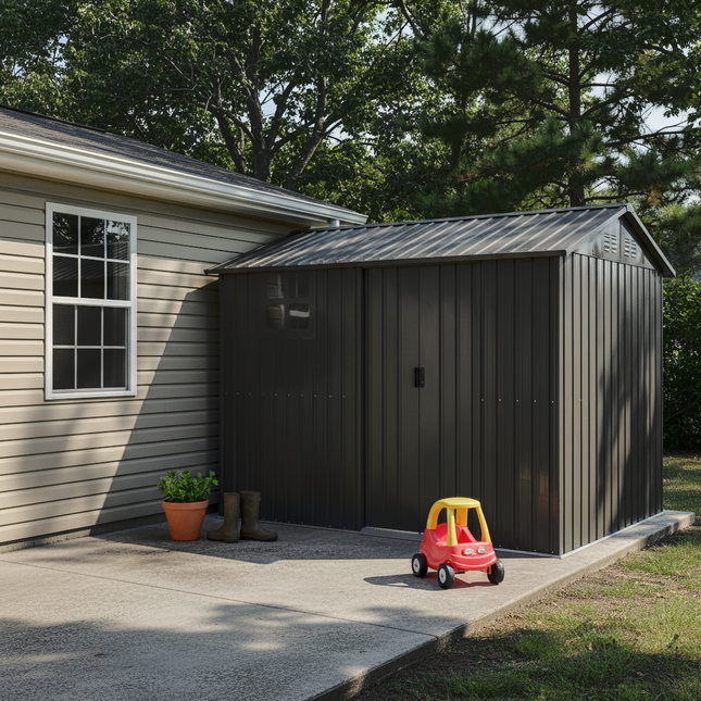 8*6FT Galvanized Steel Outdoor Storage Shed with Sliding Door, Heavy Duty Metal Tool Shed with Window & Vents, Weatherproof Utility Shed for Backyard Patio Lawn,Black