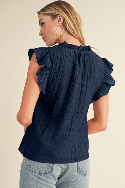 Navy Blue V Neck Flutter Shoulder Textured Blouse - Eloy Royal