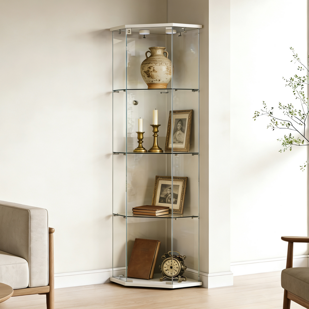 Tempered glass five-sided display cabinet,corner cabinet,liquor cabinet,with running lights,with locks,bottom equipped Adjustable foot,for various floors,living room,corridor,office, white