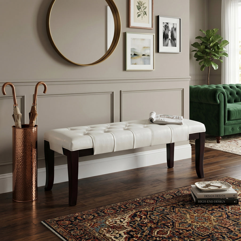 Linon Tufted Bench, Faux Leather, White