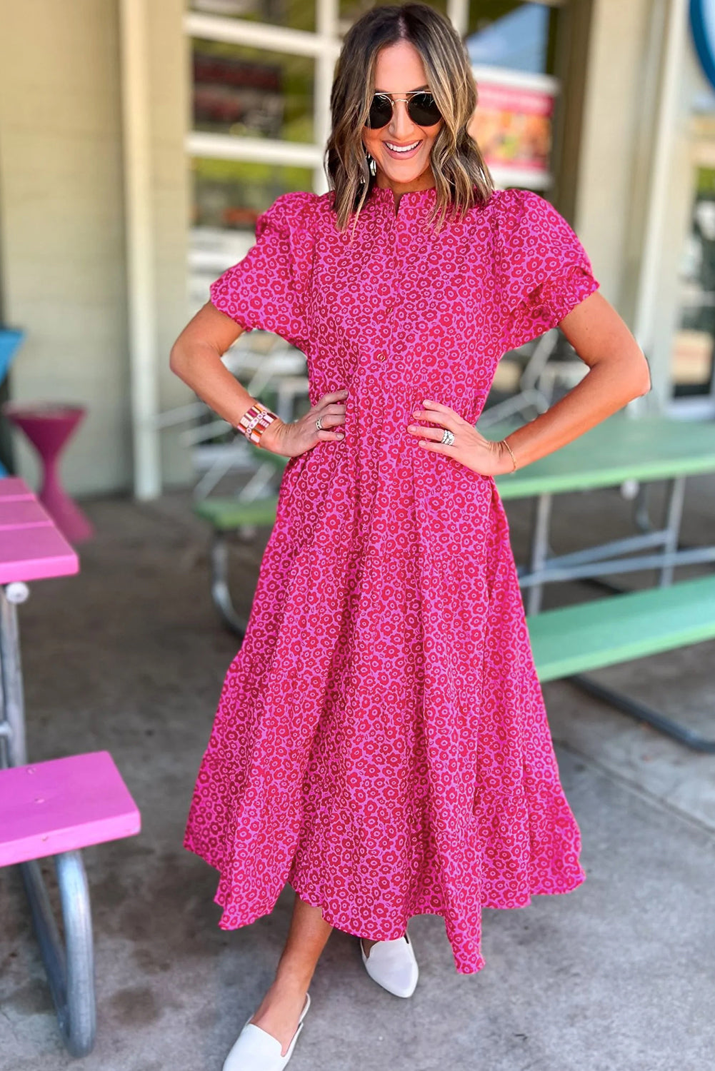 Rose Red Mock Neck Puff Sleeve Floral Tiered Maxi Dress - Eloy Royal