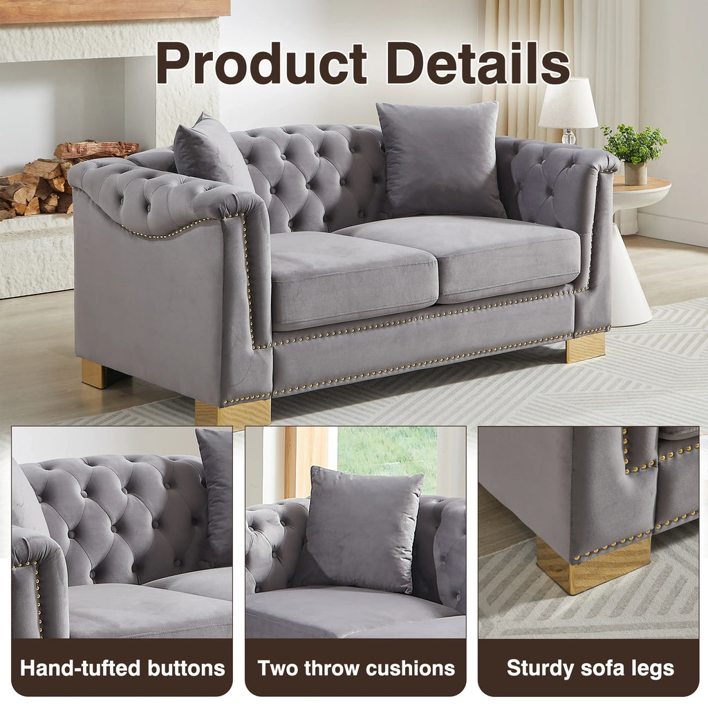 {Video] Classic Modern Style Sofa, 62-inch Chesterfield Classic Rolled Arm Tucked-in Nailhead Decor Cloud Two-Seater Velvet Sofa, Luxury Double Sofa Suitable for Living Room, Bedroom, Apartment, Grey - Eloy Royal