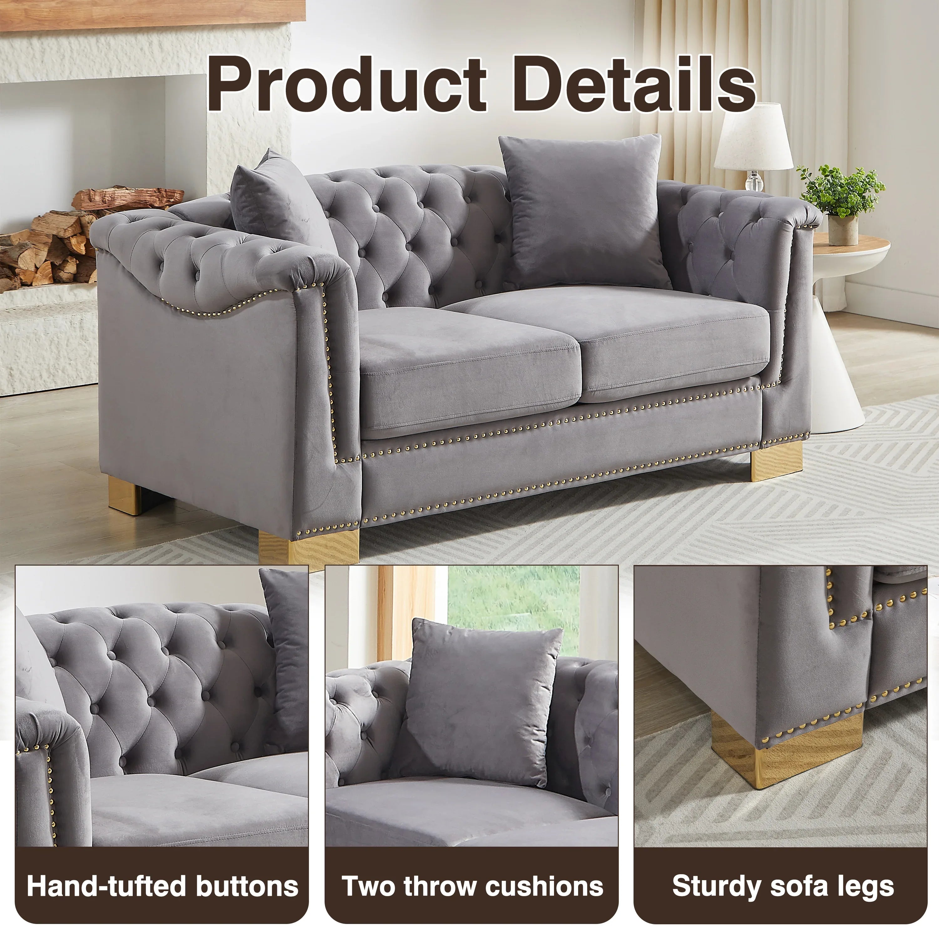 {Video] Classic Modern Style Sofa, 62-inch Chesterfield Classic Rolled Arm Tucked-in Nailhead Decor Cloud Two-Seater Velvet Sofa, Luxury Double Sofa Suitable for Living Room, Bedroom, Apartment, Grey - Eloy Royal