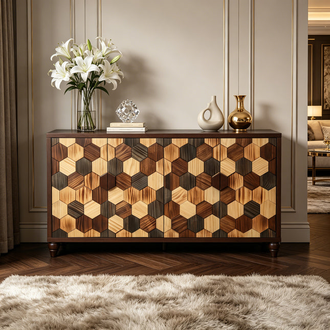 59.8' Sideboard With With Honeycomb Pattern, Modern Accent Cabinet