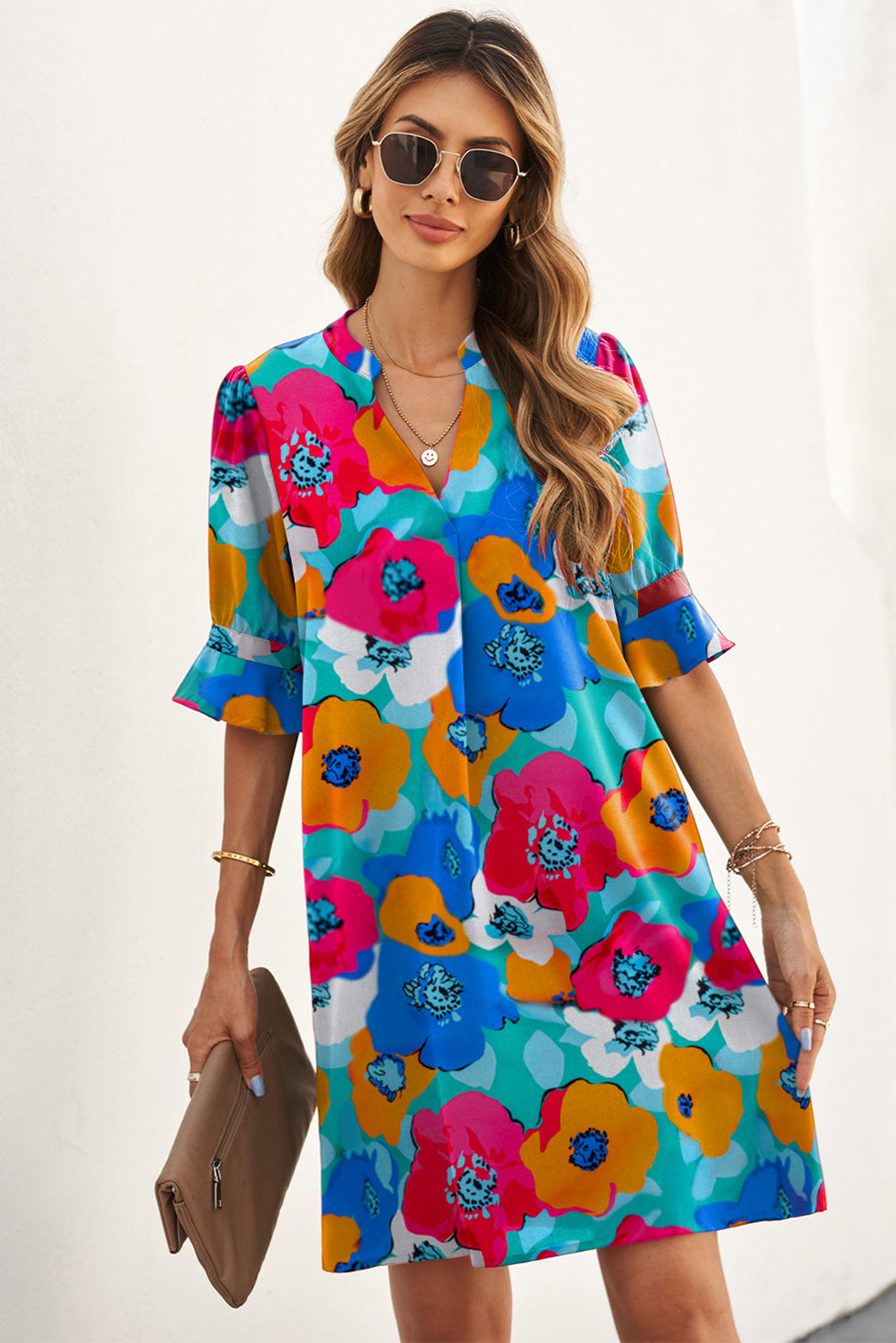 Multicolor Floral Print Mandarin Collar Short Sleeve Tunic Dress - Eloy Royal