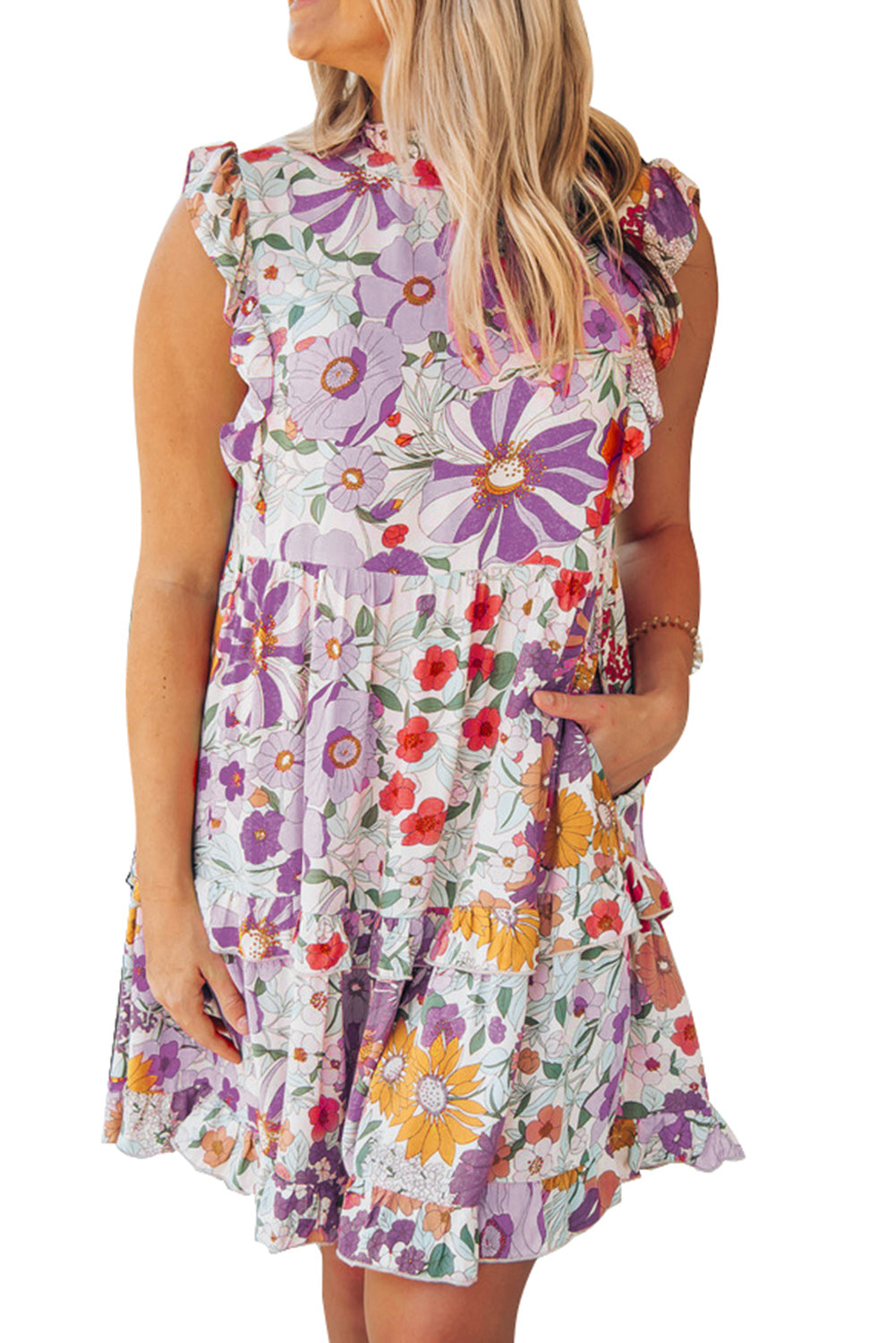 Floral Print Casual Ruffled Sleeveless Tiered Short Dress - Eloy Royal