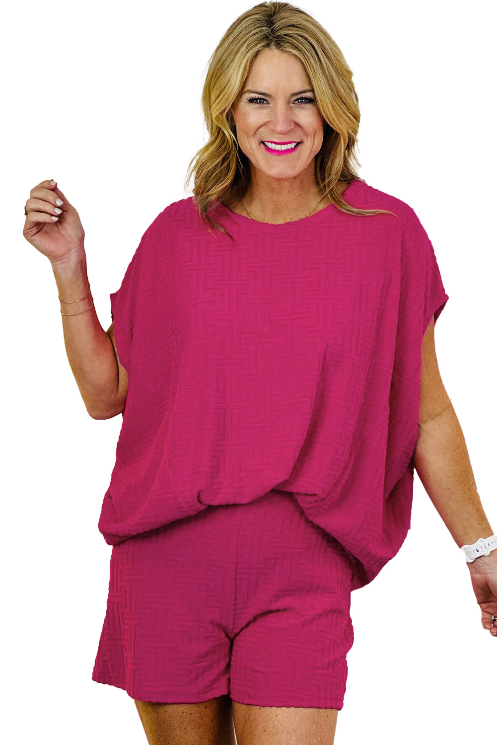 Rose Red Plus Size Textured Dolman Sleeve Top and Shorts Set - Eloy Royal