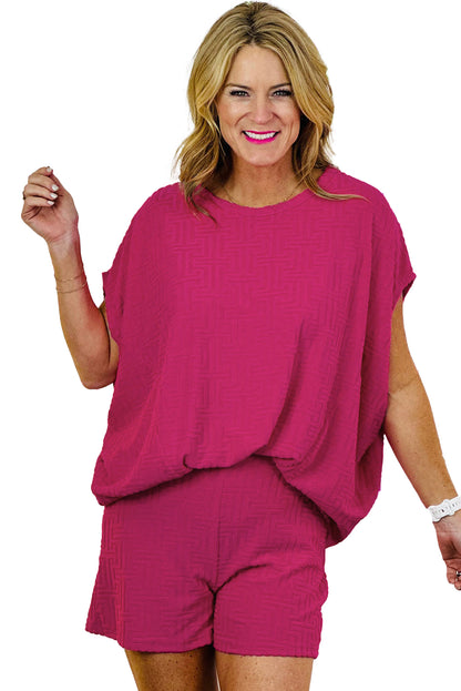 Rose Red Plus Size Textured Dolman Sleeve Top and Shorts Set - Eloy Royal