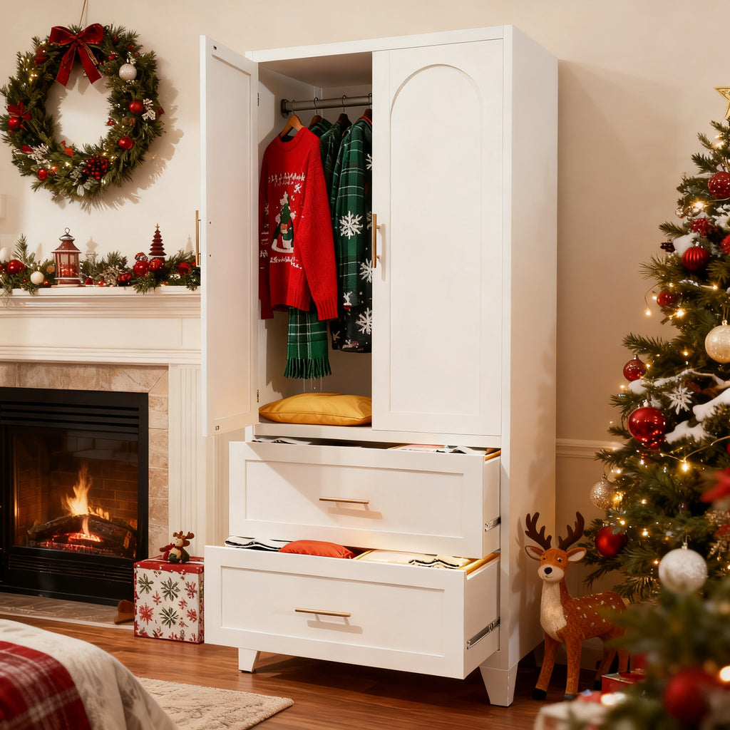 71' Tall Metal Wardrobe Cabinet with 2 Drawers and Hanging Rod, 2 Doors Wardrobe Closet with Shelf for Bedroom, Office, Laundry Room,Entryway ,Foyer,Guesthouse (White)