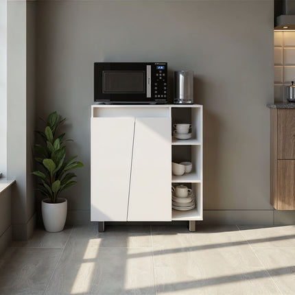 Way Kitchen Storage Cabinet with Microwave Shelf and Side Open Shelves, White