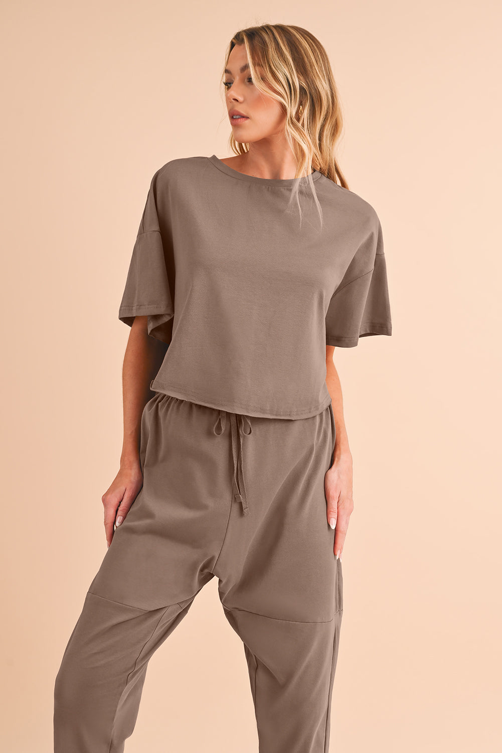 Taupe Batwing Sleeve High Low Tee and Drawstring Crop Pants Set - Eloy Royal