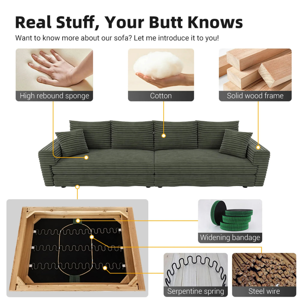 102.4 'Plush Corduroy 4-Seat Sofa,Modern Comfy Upholstered Sofa Cloud Couch,Deep Seat Couches with Soft Pillows and 2 Ottomans,Convertible Sofa Lounge Chair, Green - Eloy Royal