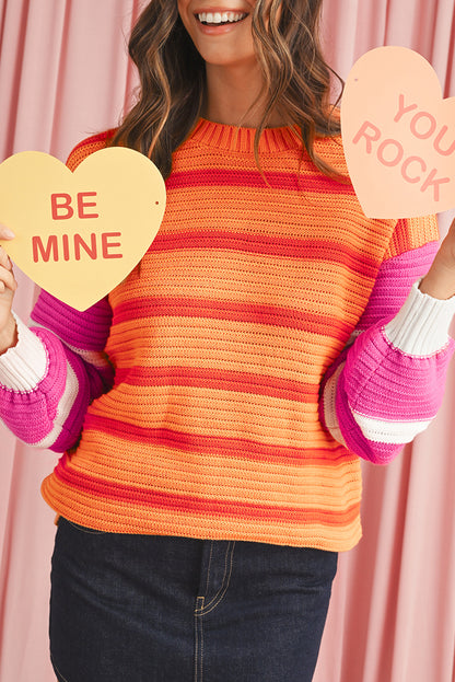 Orange Striped Colorblock Puff Sleeve Sweater