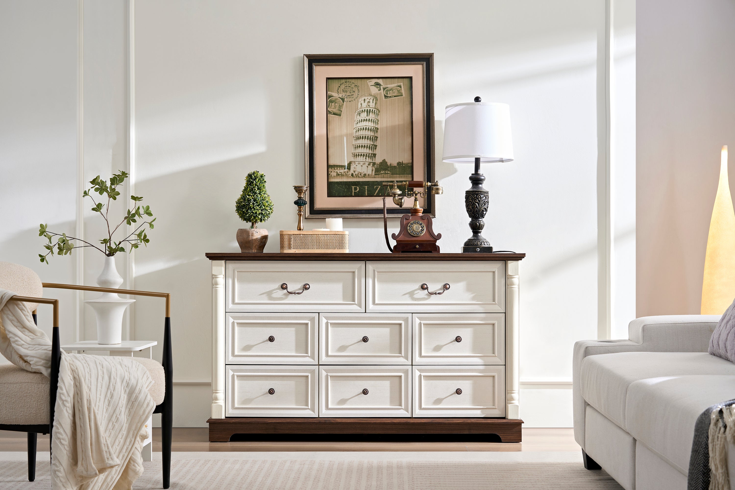 8 Drawer Dresser Chest for Bedroom with Wooden Base and Riser Trim, Wooden Rustic Rustic Chest of Drawers, Storage Dresser for Bedroom, Living Room