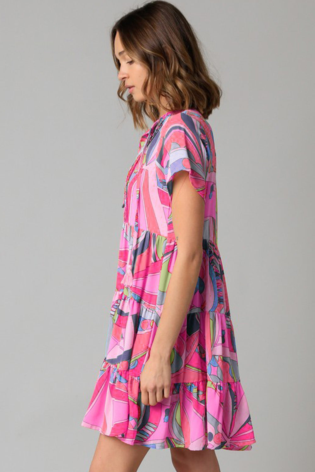 Multicolor Abstract Print Split V Neck Short Sleeve Tiered Dress - Eloy Royal