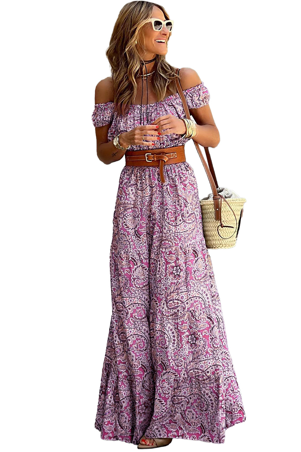 Blue Boho Paisley Print Off Shoulder Maxi Dress - Eloy Royal