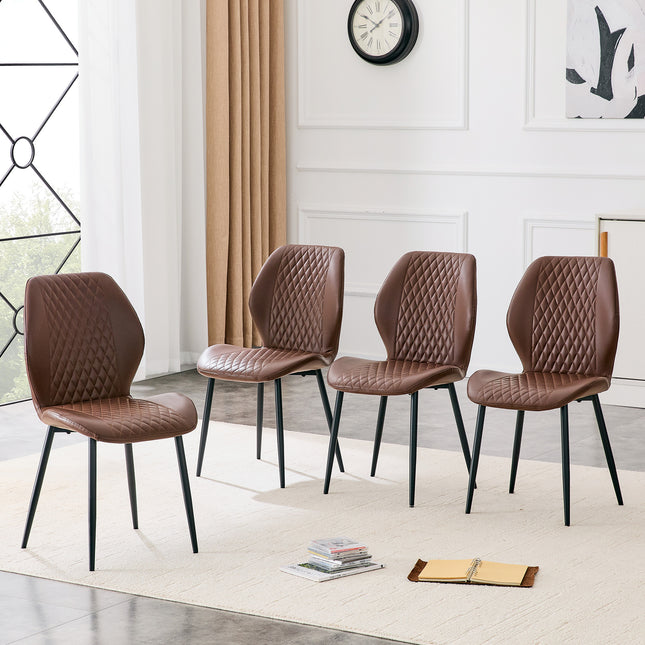 Set of 4 modern light luxury brown diamond-quilted PU chairs with black metal legs. Suitable as upholstered dining chairs with backrests for dining rooms, adaptable to a wide range of scenarios.