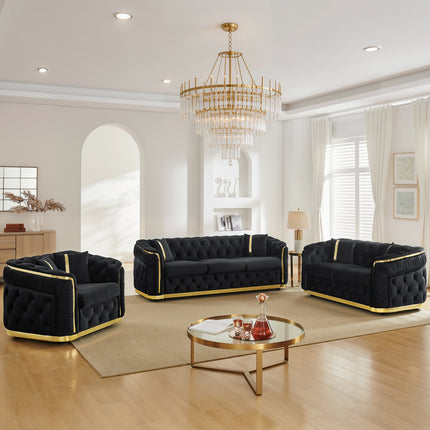 3 Piece Velvet Luxury Chesterfield Couch Set, 84.6' 3 Seater, 62.6' Loveseat & 40.6' 1-Seater Sofa Set for Living Room with Gold Stainless Steel Decoration and 6 Pillows, Black