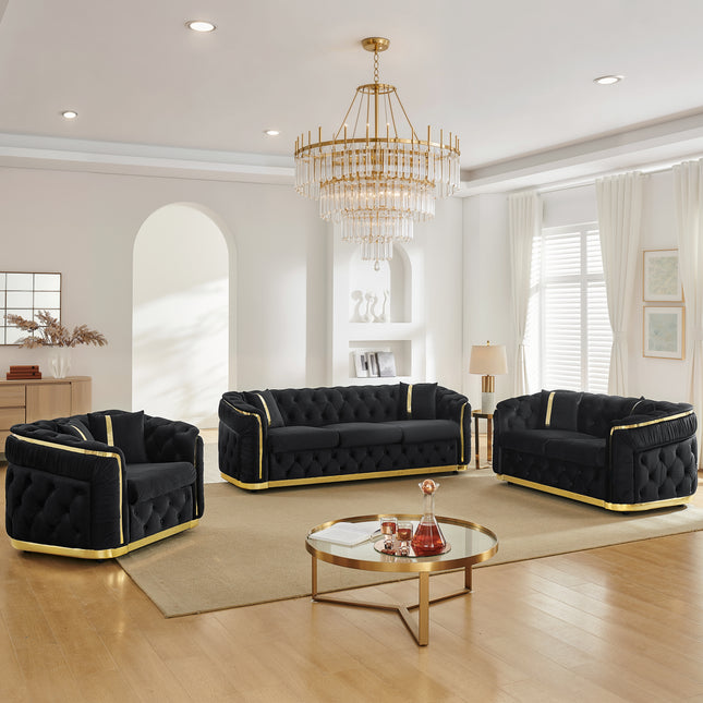 3 Piece Velvet Luxury Chesterfield Couch Set, 84.6' 3 Seater, 62.6' Loveseat & 40.6' 1-Seater Sofa Set for Living Room with Gold Stainless Steel Decoration and 6 Pillows, Black