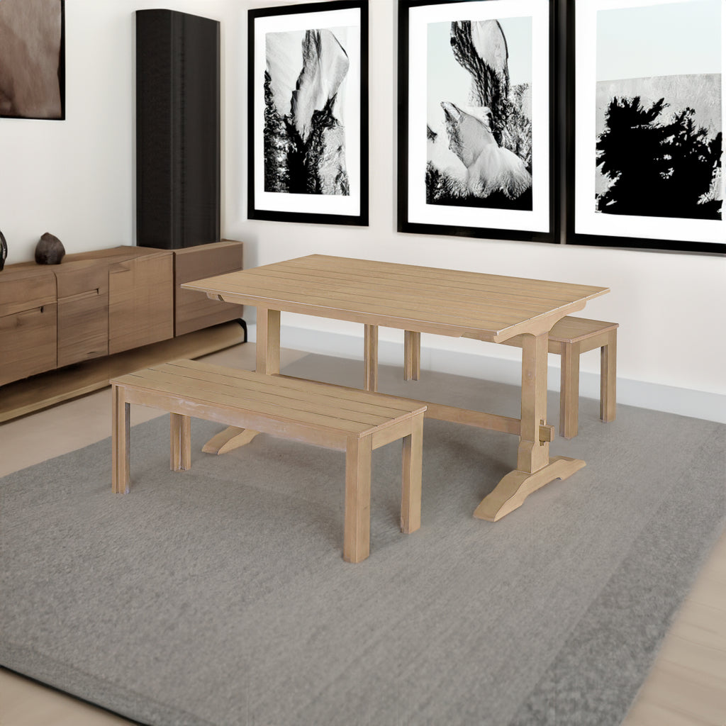 Tiberio 3-Piece Trestle Dining Set with 2 Benches, Natural Wood