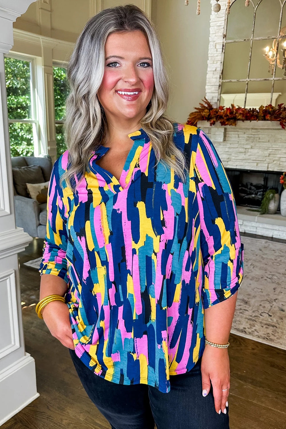 Blue Plus Size Abstract Print 3/4 Sleeve Blouse - Eloy Royal