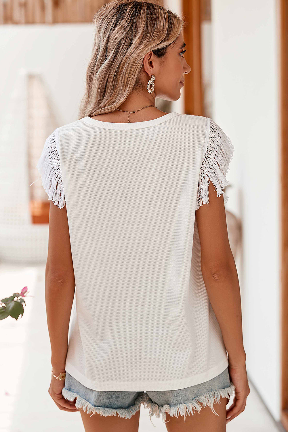 White Boho Floral Print Fringe Shoulder Sleeveless Shirt - Eloy Royal