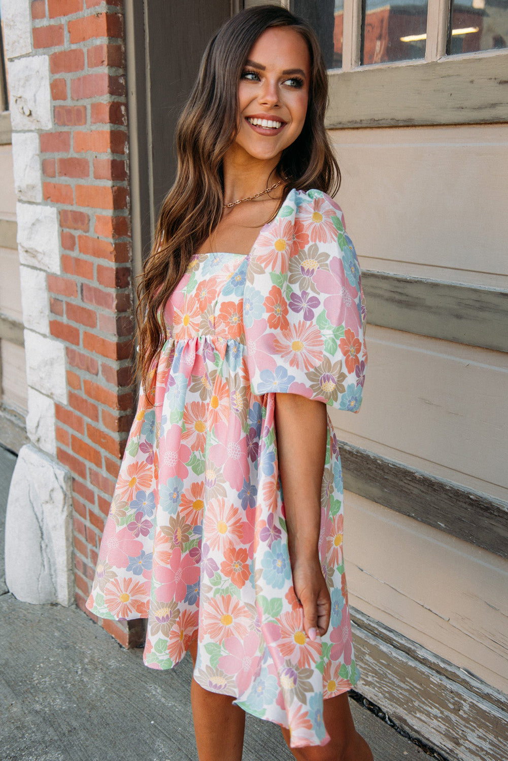 Rose Summer Floral Square Neck Puff Sleeve Babydoll Dress - Eloy Royal