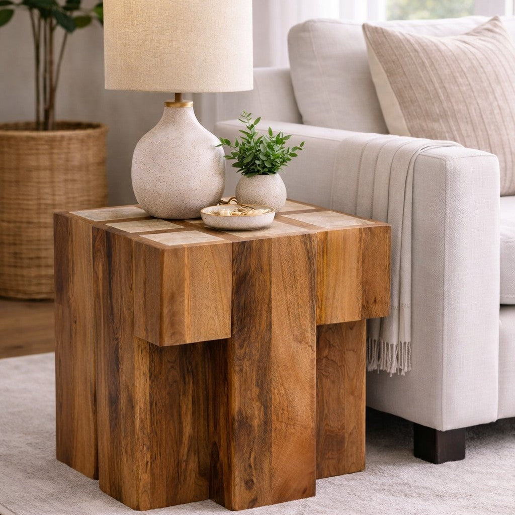 Solid Wood Travertine Top Block Side Table