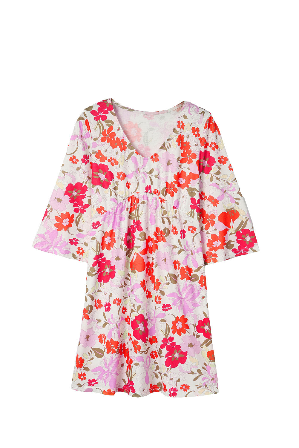 White Floral Print V Neck Flutter Half Sleeve Empire Waist Dress - Eloy Royal