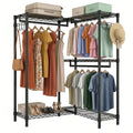 Garment Rack L Shaped Clothes Rack for Corner, Heavy Duty Clothes Rack with 3 Hanging Rods & 2 Side Hooks, Freestanding Clothing Racks for Hanging Clothes, 58.27''Wx 17.13''D*76.38''H, Black