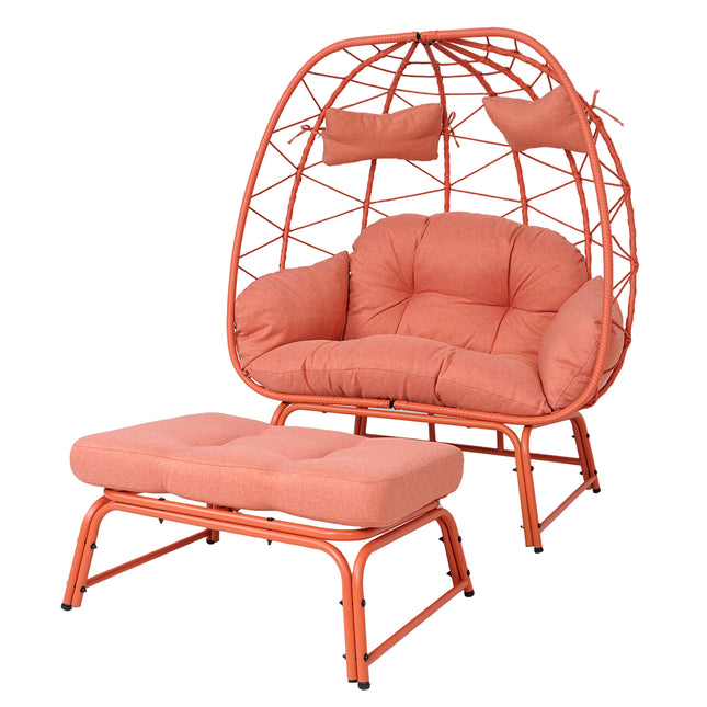 Double Patio Egg Chair with Ottoman, Wicker Outdoor Egg Chair with Cushion, 2 Person Lounge Chair with Footrest for Balcony, Garden and Backyard