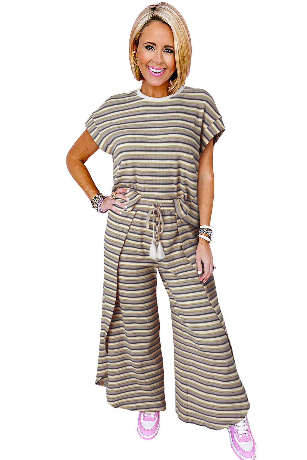 Pink Stripe Rainbow Tee and Tassel Drawstring Wide Leg Pants Set - Eloy Royal