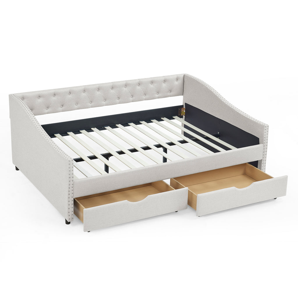 Beige Upholstered Tufted Full Size Daybed with Drawers, Button Back and Copper Nail Trimmed Waved Arms, Eucalyptus Wood Frame, 80.5''x55.5''x27.5''