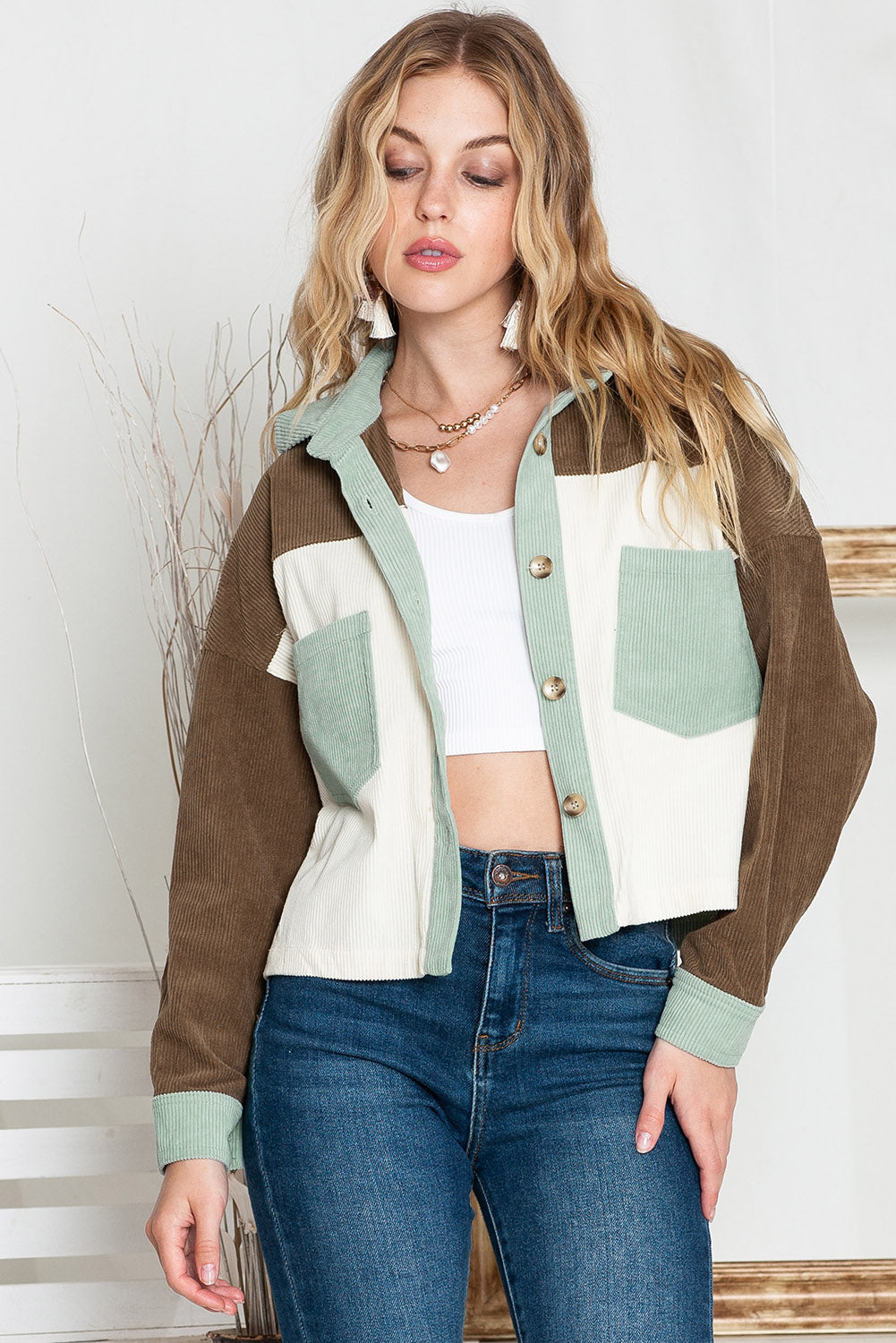 Green Color Block Button Up Cropped Corduroy Jacket - Eloy Royal