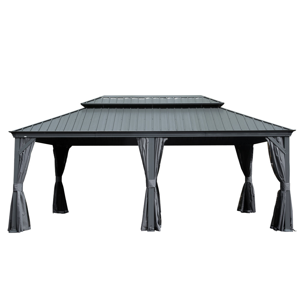 12' X 20' Hardtop Gazebo, Upgraded Metal Gazebo with Drainage System, Dual-Layer Galvanized Steel Roof, Curtain and Netting, Outdoor Shelter Canopy for Patio, Garden, and Backyard, Grey
