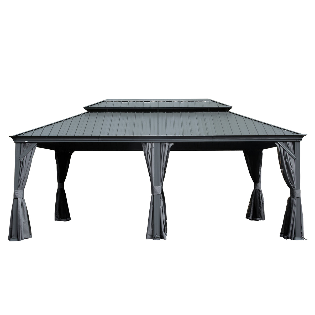 12' X 18' Hardtop Gazebo, Upgraded Metal Gazebo with Drainage System, Dual-Layer Galvanized Steel Roof, Curtain and Netting, Outdoor Shelter Canopy for Patio, Garden, and Backyard, Grey