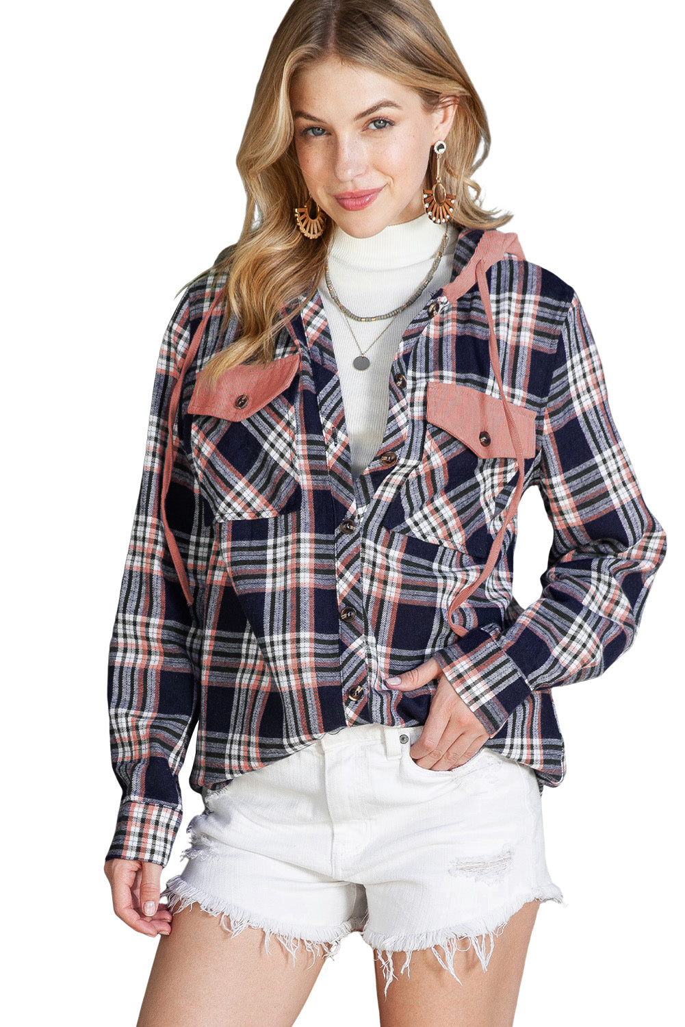 Wholesale Pink Plaid Contrast Hooded Drawstring Shacket - Eloy Royal