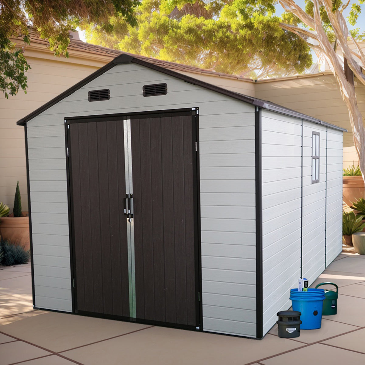 8x14x7.6 Ft Outdoor Resin Storage Shed with Windows, Strong Aluminum Frame & Floor for Garden, Backyard Organization (White+Brown)