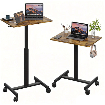 26'×19' Brown_Black Middle Column Mobile Height Adjustable Desk, Gas Spring Height Regulation, Lockable Universal Casters, With Headphone Hook, Mini Desk