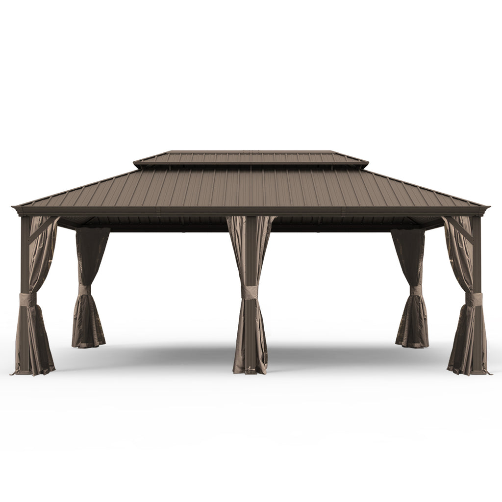 14' X 20' Hardtop Gazebo, Upgraded Metal Gazebo with Drainage System, Dual-Layer Galvanized Steel Roof, Curtain and Netting, Outdoor Shelter Canopy for Patio, Garden, and Backyard, Brown