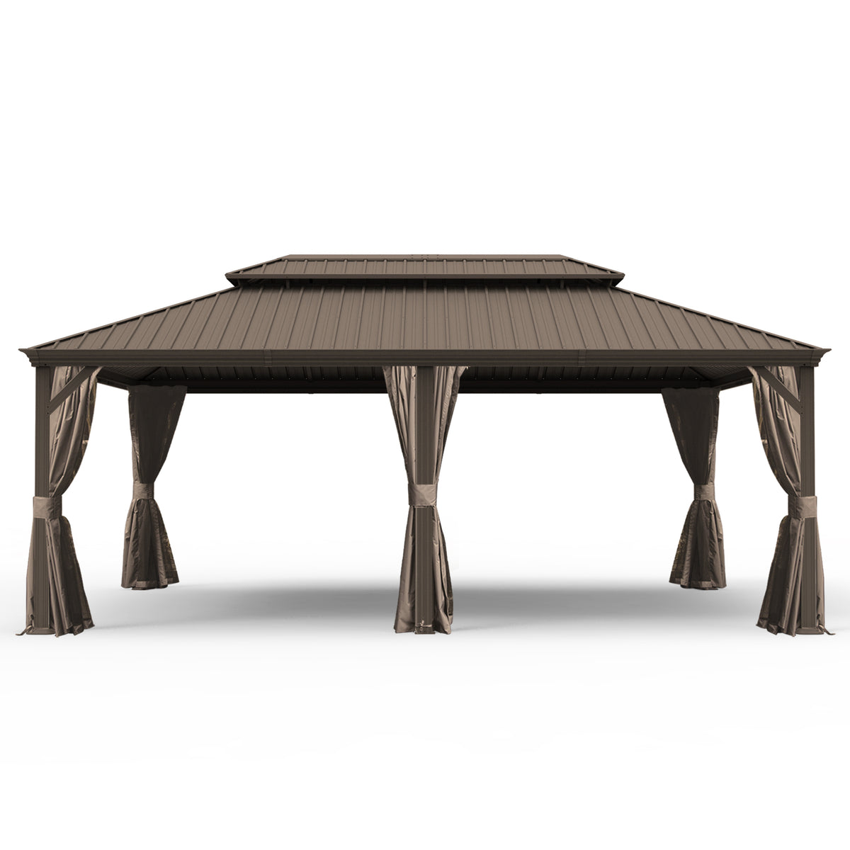 14' X 20' Hardtop Gazebo, Upgraded Metal Gazebo with Drainage System, Dual-Layer Galvanized Steel Roof, Curtain and Netting, Outdoor Shelter Canopy for Patio, Garden, and Backyard, Brown