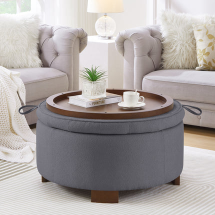 Round Storage Ottoman with Reversible Lid - Boucle Fabric Upholstered Footstool, Hidden Storage Compartment, Wooden Legs, Dual-Purpose Seat & Side Table for Living Room, Bedroom - DARK GRAY