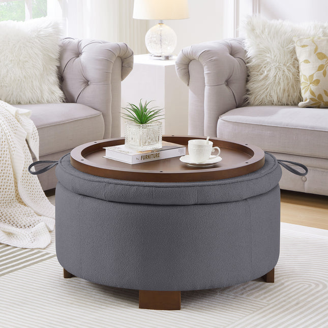 Round Storage Ottoman with Reversible Lid - Boucle Fabric Upholstered Footstool, Hidden Storage Compartment, Wooden Legs, Dual-Purpose Seat & Side Table for Living Room, Bedroom - DARK GRAY