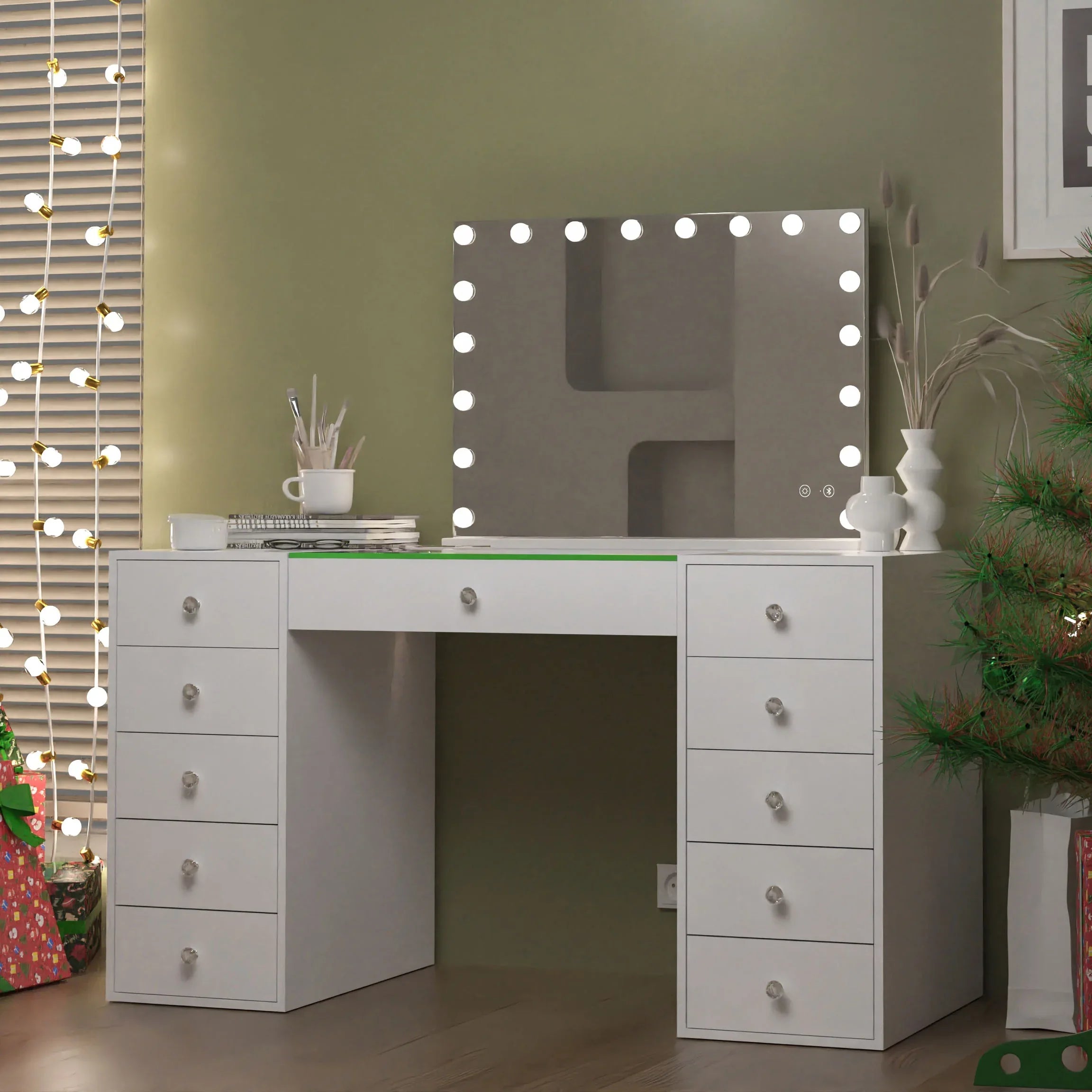 Vanity Desk with LED Mirror, Vanity Table with RGB Lights Strip, Hollywood Vanity Mirror with 18 LED Bulbs and Bluetooth Speakers, 51.2' Makeup Dressing Table with 11 Drawers, Adjustable Brightness - Eloy Royal
