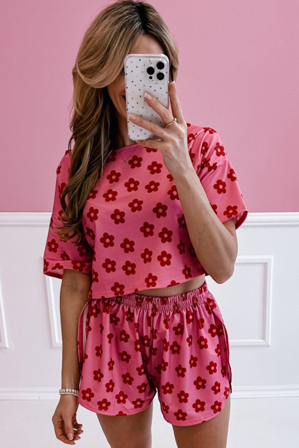 Rose Floral Print Crop Tee and Slits Shorts Pajama Set - Eloy Royal