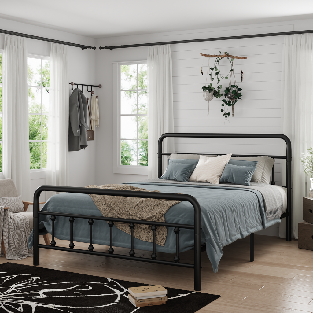 Metal Bed Frame,Queen Size Bed Frame with Headboard,Structurally Stable, Under Bed Storage,No Box Spring Needed,Black
